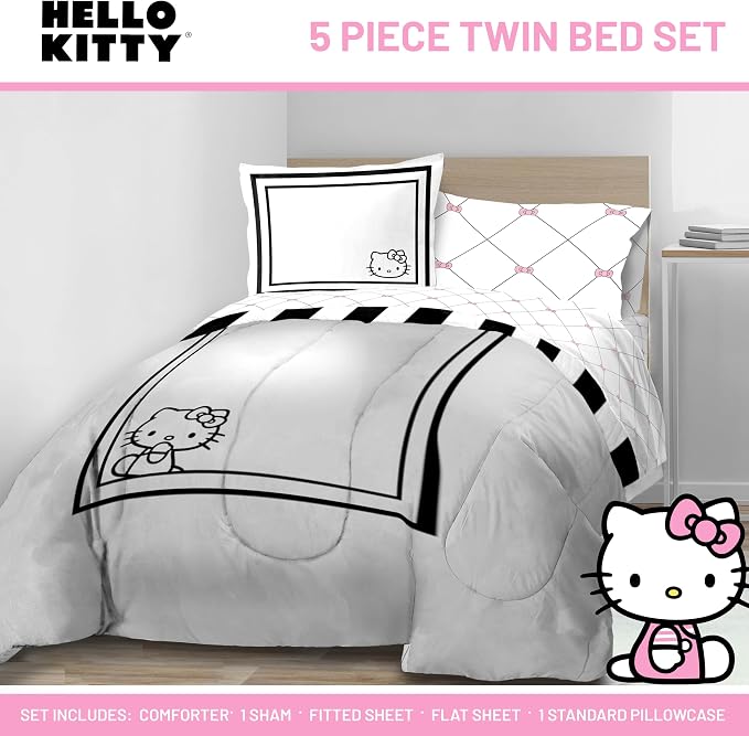 Sanrio Hello Kitty Twin Comforter Set 5 Piece Bedding for Girls, White | Bed in a Bag, Comforter Sheets Sham Pillowcase, Official Product, Soft Microfiber, Machine Washable, Easy Care, Girls Gift
