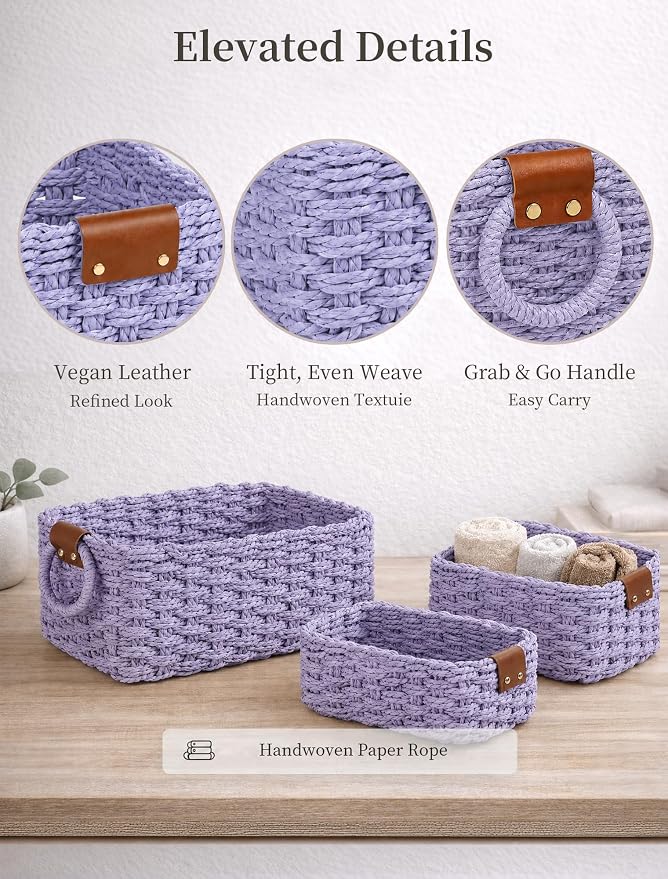 Small Wicker Baskets, 3 PCS Paper Rope Baskets for Shelves, Purple | Recycled Small Baskets, 3 Sizes Woven Baskets for Organizing, Decorative Storage Baskets for Bedroom and Bathroom