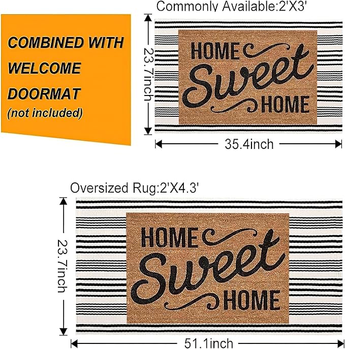Black and White Striped Outdoor Rug 24'' x 51''Farmhouse Front Porch Rug Hand-Woven Machine Washable Layered Door Mats for Entryway/Bedroom/Patio/Porch Decor