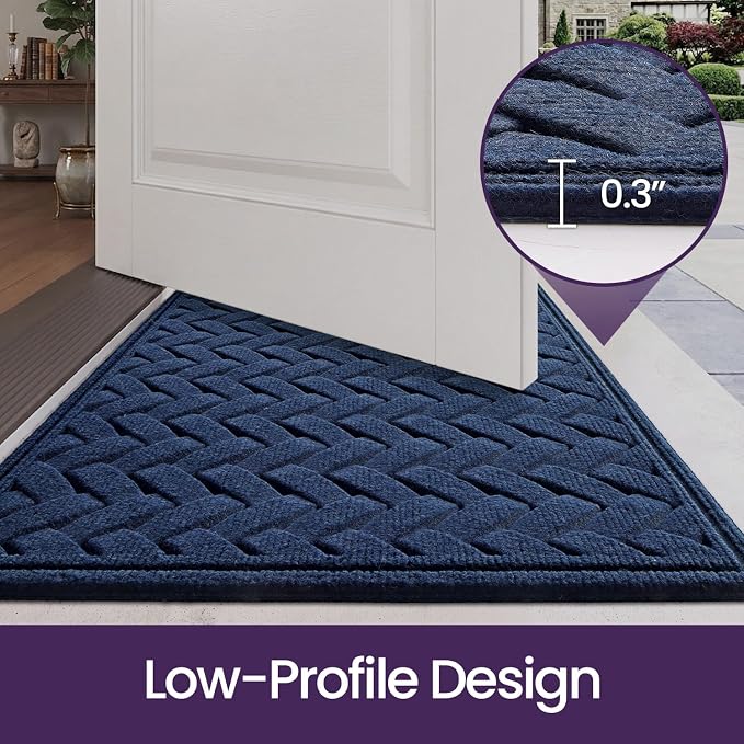 DEXI Front Door Mat Outside Entrance, 2x4 Heavy Duty Entry Doormat Dirt Trapper with Rubber Back, Non Slip Low Profile Floor Mats for Entryway Exterior Patio, Wave Navy