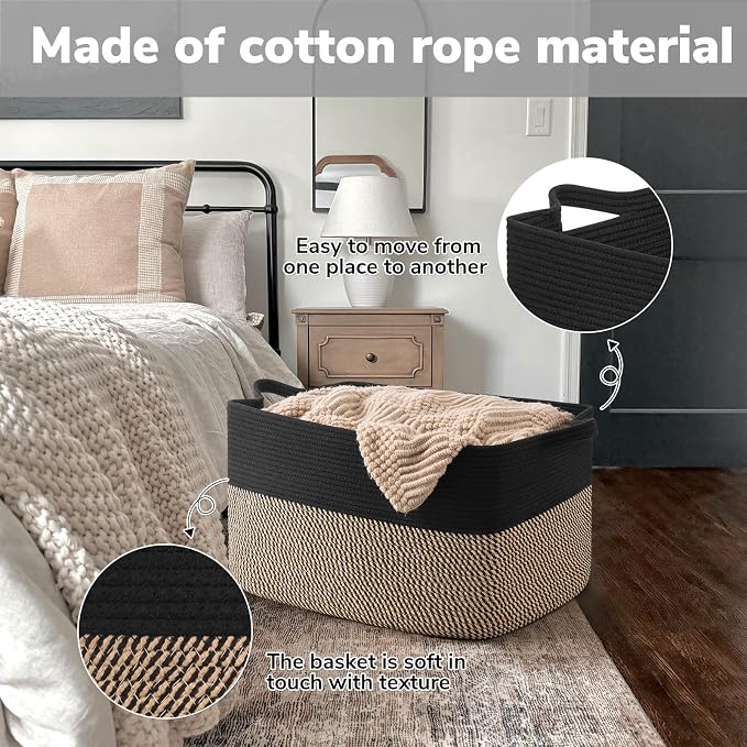 Goodpick 75L Extra Large Woven Blanket Basket, 22" x 17" x 12", Black Jute | Decorative Rectangle Basket for Blankets, Pillows & Toys Storage, Living Room & Bedroom Organization, Nursery & Home Decor