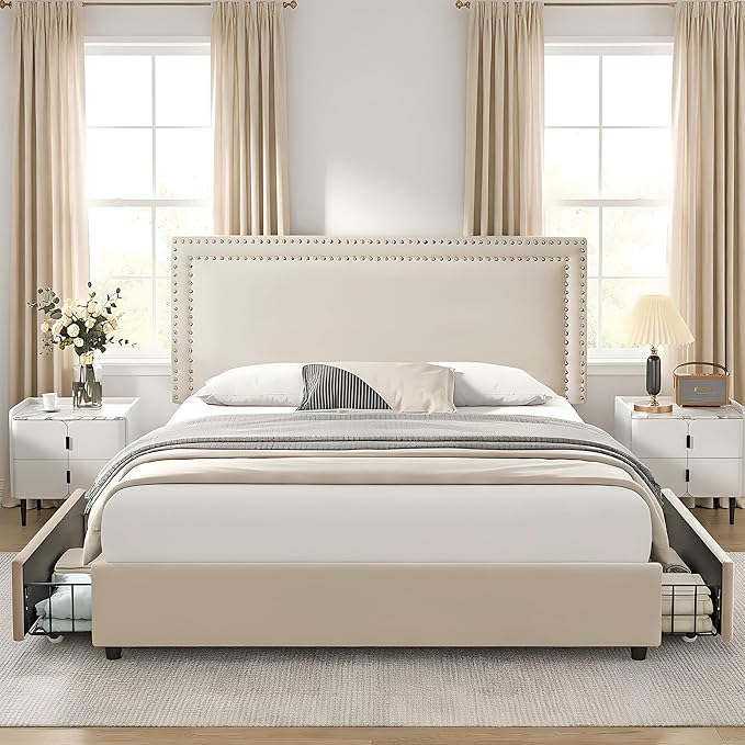 VECELO King Size Upholstered Bed Frame with 4 Storage Drawers, Adjustable Velvet Rivet Decor Headboard, Wooden Slats Platform Support, No Box Spring Needed, Easy Assembly,Beige