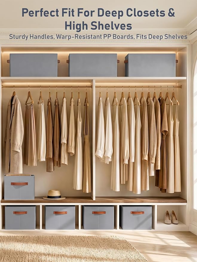 6 Pack Large Closet Storage Baskets Bins for Shelves, Collapsible Fabric Closet Organizers and Storage with Polyester Handles, Decorative Baskets for Organizing Clothes, Towels, Linen Closet 14"x10"