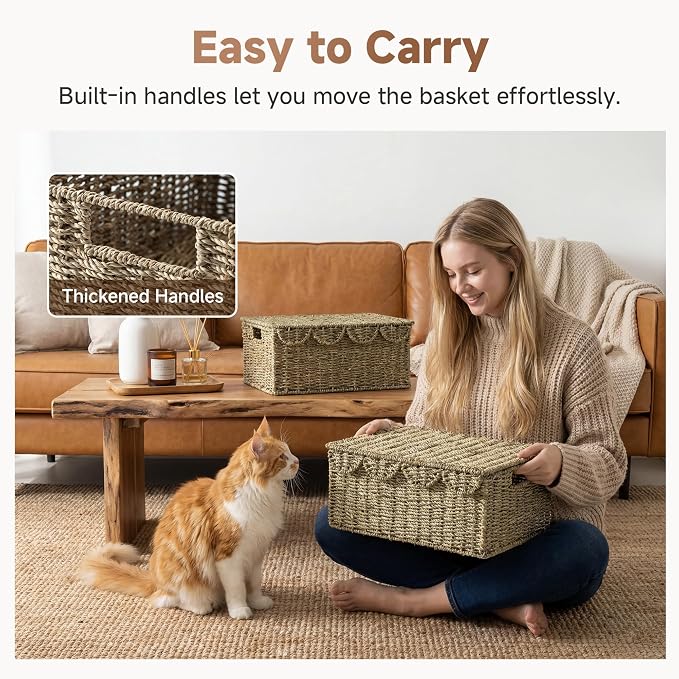 StorageWorks Wicker Basket with Lid, Scalloped Edge Woven Basket, Seagrass Storage Baskets with Lid, Scalloped Baskets for Shelves, Decorative Storage Boxes, 16½" L X 13" W X 7½" H
