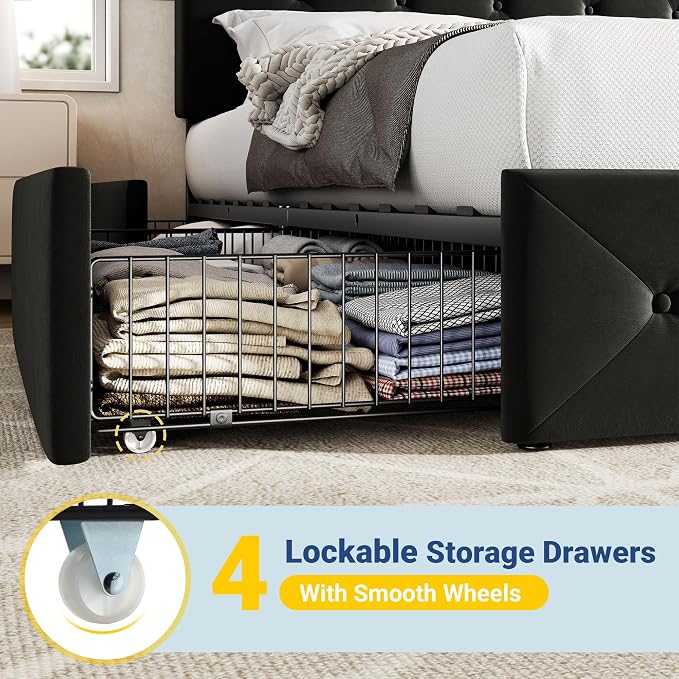 Allewie Upholstered King Size Platform Bed Frame with 4 Storage Drawers and Adjustable Headboard, Diamond Button Tufted, Wooden Slats Support, Noise-Free, No Box Spring Needed, Easy Assembly, Black