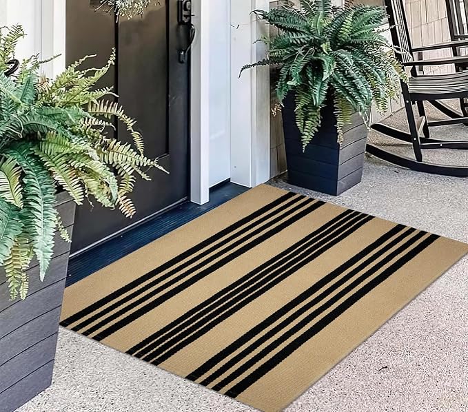 Front Outdoor Door Mat 2'x3',Khaki and Tan Striped Outdoor Rug Machine Washable Cotton Layered Door Mat Entryway Throw Rug for Indoor Entrance
