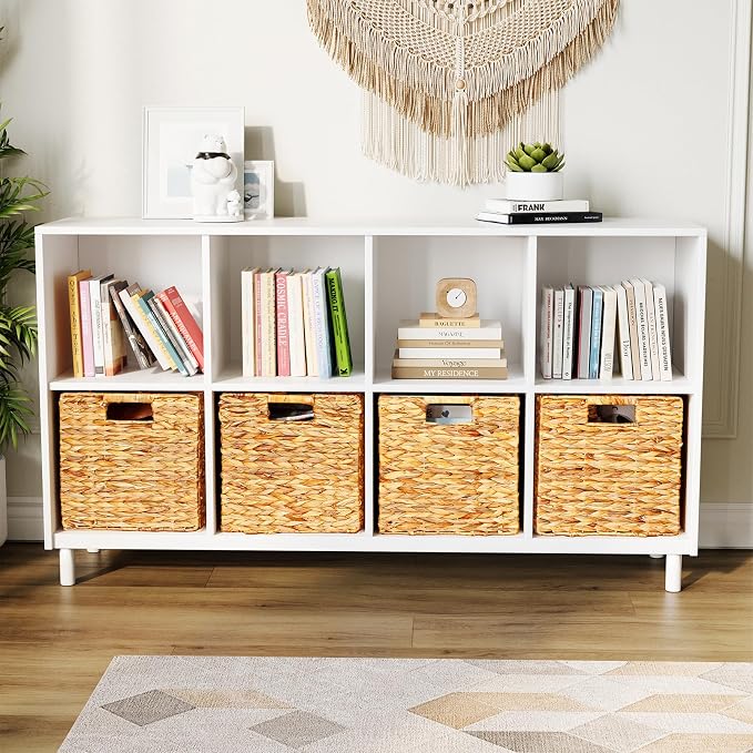 SpaceAid 4 Pack Wicker Basket, Storage Baskets for Organizing, Woven Rattan Basket with Handles for Shelves, Water Hyacinth Large Cube Organizer Storage Bin, 12x12x12 inch, Natural