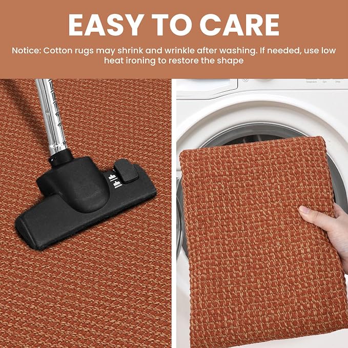 IOHOUZE Washable Area Rug 5x7 Non Slip Rubber Backed Rugs for Living Room, Dining Room Rugs Bedroom Rug, Woven Indoor Floor Carpet for Living Room Nursery Office, Burnt Orange/Tan