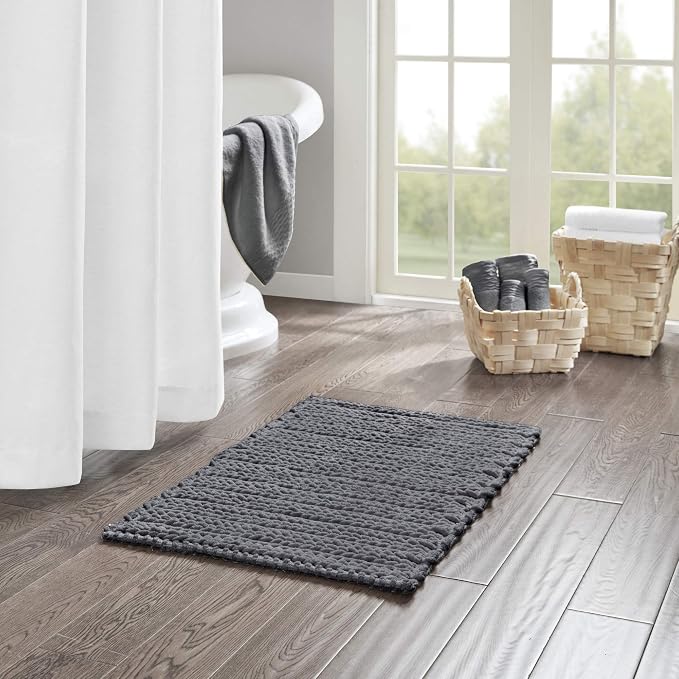 Madison Park Lasso Cotton Bath Rug Non-Slip Absorbent, 20 x 30, Charcoal | Quick Dry, Soft Pile, Machine Washable, OEKO-TEX Certified