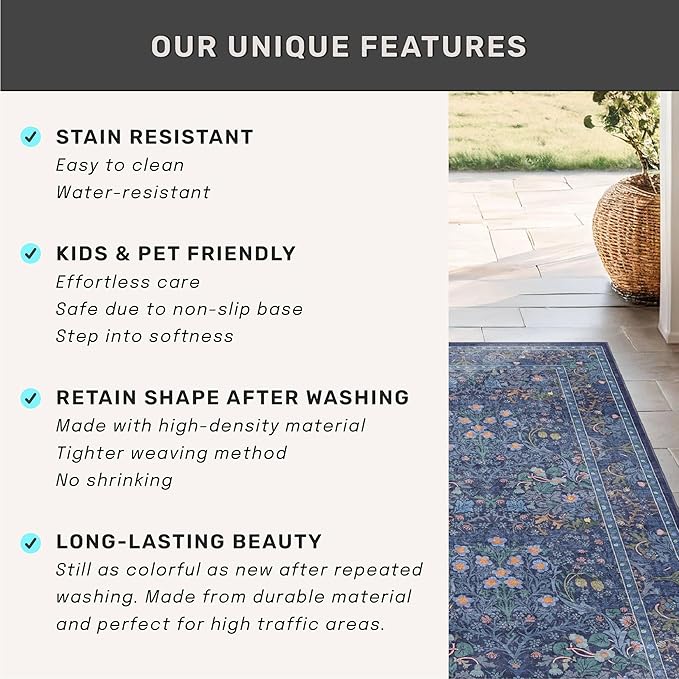Dining Room Rugs for Under Table - 6x8 Washable Dark Blue Oriental Area Rug for Living Room, Low Pile Non-Slip Floor Carpet for Bedroom - Vintage Design & Stain Resistance (6x8 Navy Blue)