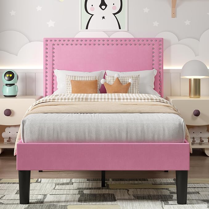 VECELO Twin Size Platform Bed Frame with Height Adjustable Upholstered Headboard, Modern Mattress Foundation,Strong Wood Slat Support, No Box Spring Needed, Easy Assembly,Pink