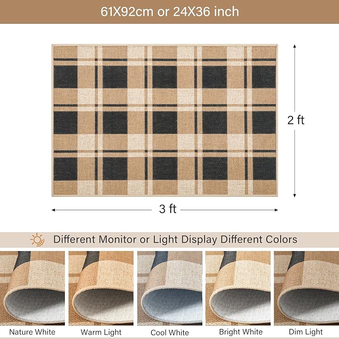 AROGAN Small Checkered Entry Rug, 2x3 Jute Rug Front Door Mat, Washable Non Slip Area Rug,Farmhouse Design Neutral Geometric Low Pile Rugs for Floor Carpet Entryway Porch Doorway, Black and Brown