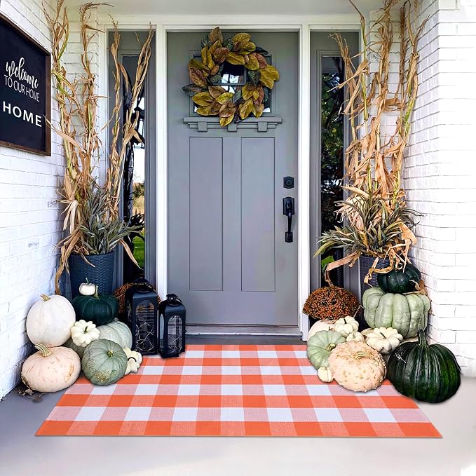 Orange and White Plaid Rug, 3' x 5' Fall Front Door Decor Mat, Cotton Washable Hand-Woven Door Mat for Layered Doormat, Autumn Halloween Thanksgiving Carpet for Porch, Entryway