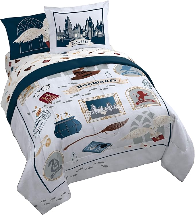 Harry Potter Queen Comforter Set 7 Piece Soft Hogwarts Bedding, Grey | Hedwig, Bed in a Bag, Comforter Sheets Shams Pillowcases, Official Product, Soft Microfiber, Machine Washable, Kids Gift