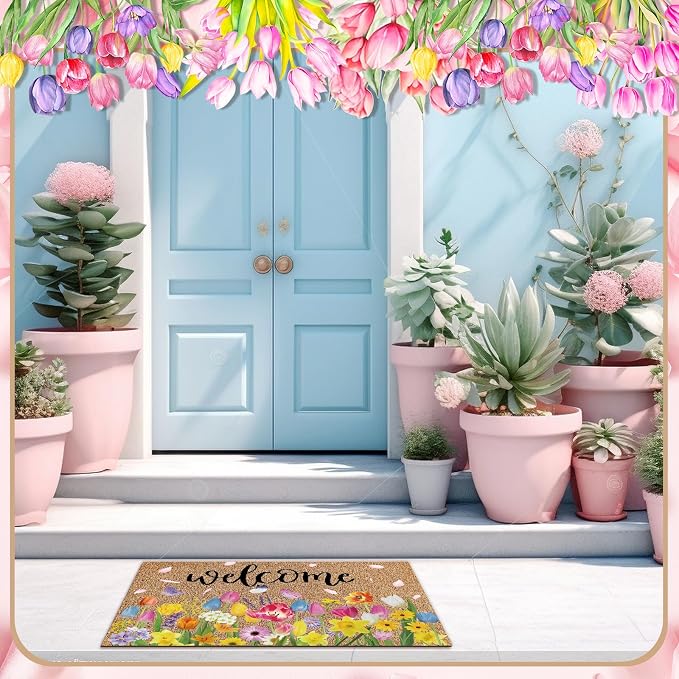 Ceenna Spring Welcome Doormat Outdoor Tulips Flower Coir Doormat Spring Front Door Mat with Non Slip Backing Front Porch Rugs Outdoor Decor for Home Entrance, 16 x 28 Inches
