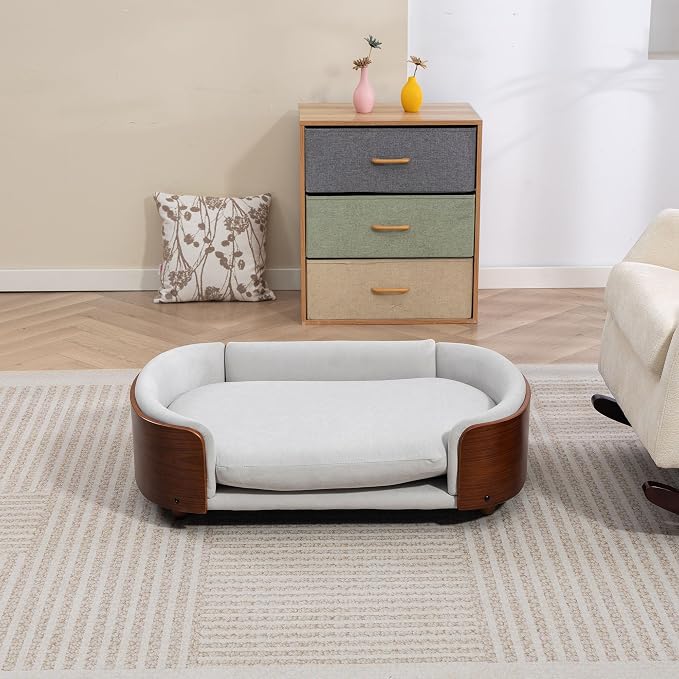 Elevated Dog Bed Pet Sofa with Solid Wood Legs and Bent Soft Backrest, Pet Cat Stool Bed with Velvet Cushion,for Large and Medium Size Dogs Kitten, Large Size