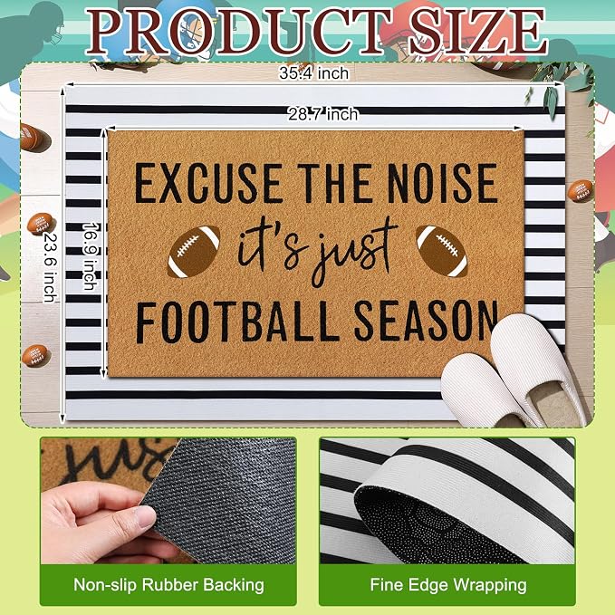 Tinideya 2 Pcs Football Layered Doormat Set, Football Season Funny Quote Welcome Mats with Black White Striped Rug, Non Slip Fall Porch Decor for Game Day Tailgate Entryway Patio