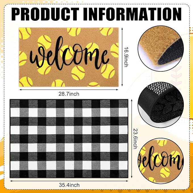 Tinideya 2 Pcs Softball Door Mat Welcome Non Slip Coir Mats Floor Layering Black and White Buffalo Plaid Doormats Seasonal for Front Porch Entryway Decor (23.6 x 35.4 Inches,Softball,Black, Brown)