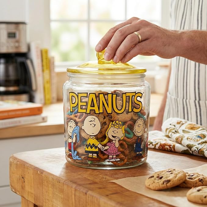 Silver Buffalo Peanuts Squad Featuring Snoopy, Glass Jar with Lid | Cookie Snack Candy Jar, Featuring Charlie Brown, Schroeder, Lucy, Linus, Sally, Pigpen, Woodstock, and Franklin, Small Size