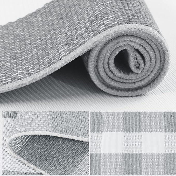 uxcell Buffalo Check Rug,Plaid Outdoor Rug,Layered Door Mat,Cotton Gingham Rugs,Floor Mat for Front Porch/Runner/Bedroom/Kitchen/Farmhouse 51"x24" Gray & White