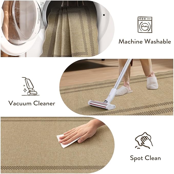 LIVEBOX Scalloped Washable 8x10 Rug, Easy Jute Tan Rug for Living Room, Indoor Outdoor Patio Non Slip Rugs for Bedroom, Geometric Farmhouse Dining Room Mat Modern Carpet Area Rug for Home Office Decor