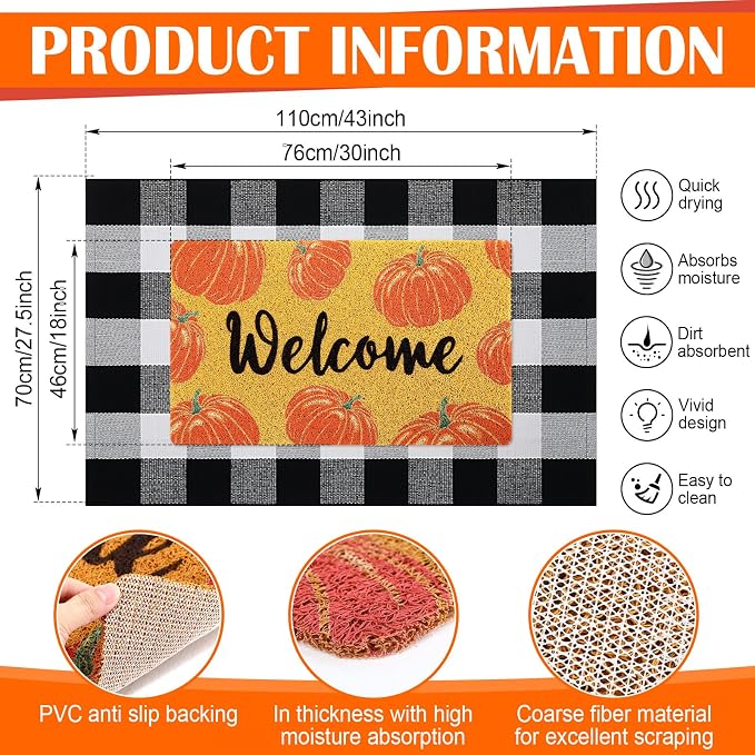 Geelin 2 Pcs Fall Front Door Mat Welcome Mat Outdoor Decorative Doormat Non Slip Buffalo Checkered Rug for Indoor Outdoor(Welcome Pumpkin)