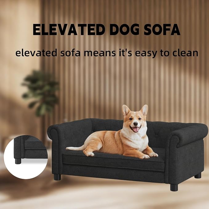 39" Dog Sofa Couch Bed for Small, Medium, Large Dogs,Memory Foam Pet Sofa with Removable Cover, Comfortable Pet Couch with Backrest and Armrests, Easy to Clean and Maintain（Black）