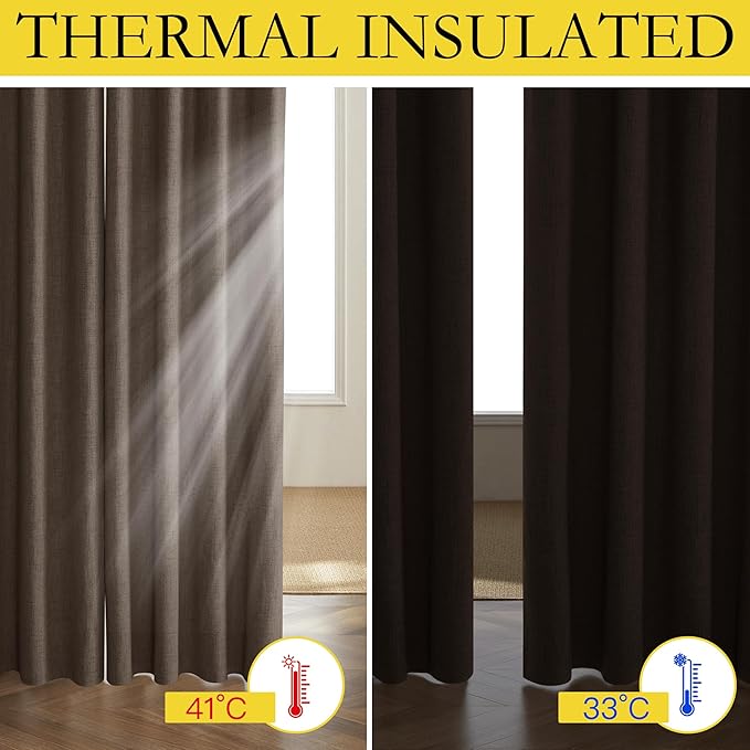 NICETOWN Coffee Vintage Linen 100% Blackout Curtains for Living Room, Thermal Insulated Curtains 84“ Long, Noise Reducing Window Treatment Drapes for Hall Room, 52" Wide Per Panel, Set of 2