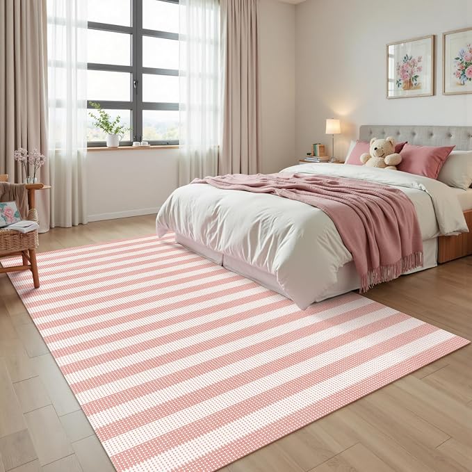 Rugalia Washable Pink Woven 5x7 Area Rug, Natural Striped Cotton Living Room Rugs Low Plie Non-Slip Outdoor Patio Rug, Modern Farmhouse Neutral Floor Carpet for Dining Room Bedroom Balcony