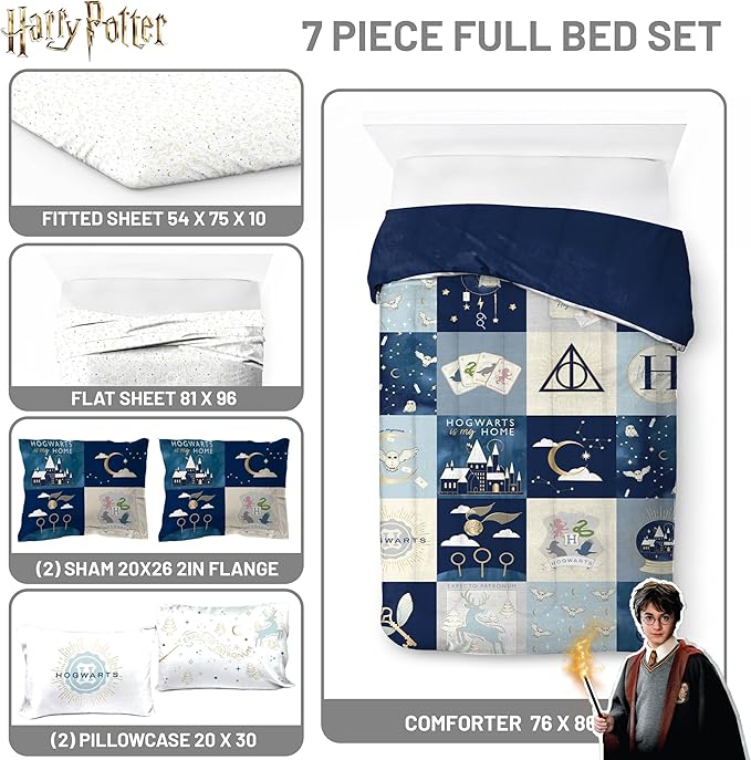 Harry Potter Full Comforter Set 7 Piece Soft Hogwarts Bedding, Multi | Fantasy, Bed in a Bag, Comforter Sheets Shams Pillowcases, Official Product, Soft Microfiber, Machine Washable, Kids Gift