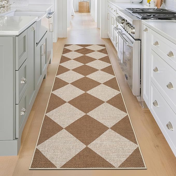 COZYLOOM Geometric Area Rug 2x8 Runner Rug for Hallway Non Slip Stain Resistant Rugs for Kitchen Modern Diamond Print Non Shedding Low Pile Door Mats for Bathroom Bedroom Entryway Laundry Room, Coffee