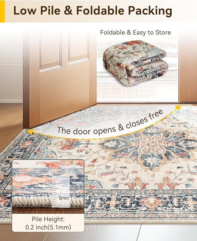 RELEANY Area Rugs 2'x6' Runner Rug Non Slip Washable for Kitchen Hallway Bedroom Beside Laundry Room Bathroom Rug, Floor Carpet, Beige Navy Blue Orange Colorful