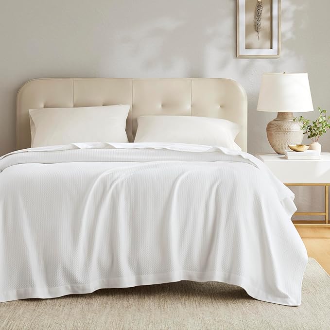 Madison Park 100% Egyptian Cotton King Size Bed Blanket for Summer White | Cozy Soft Breathable Durable, Waffle Weave Woven Casual, Lightweight Knit All Season Throw for Bed Couch or Sofa, OEKO TEX