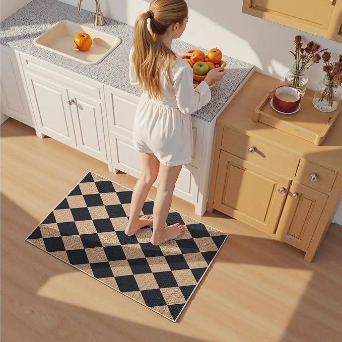 EDIMENS Checkered Easy Jute 2x3 Entryway Rugs Front Door Mat Entry Rug | Non Slip Small Area Rug Kitchen Mat Checkered Rug Farmhouse Low Pile Washable Black Indoor Outdoor Doormat for Porch Doorway