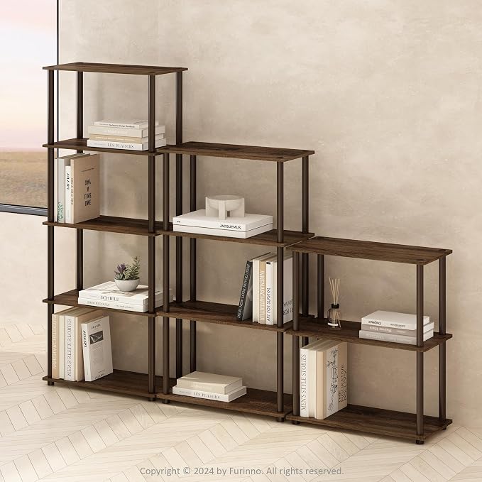 Furinno Turn-N-Tube Book Shelf, 3-Tier Bookshelf, Bookcase with Multipurpose Compact Display Rack, 11.6 x 23.6 x 29.6, for Living Room, Bedroom, Home Office, Walnut/Brown