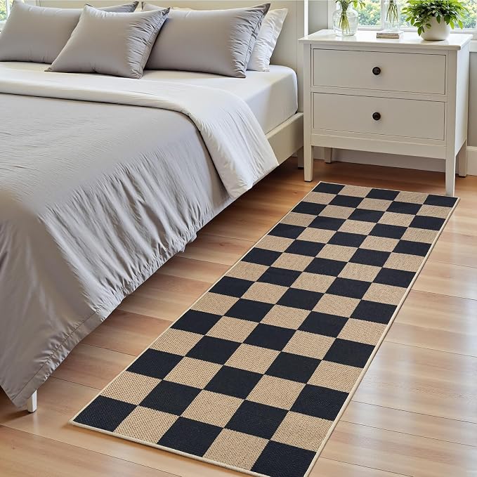 EDIMENS 2x6 Checkered Easy Jute Washable Kitchen Indoor Outdoor Runner Rug | Non Slip Front Door Runner Rug for Laundry Balcony Low Pile Rugs Black Checkerboard Carpet for Hallway 6ft Entry