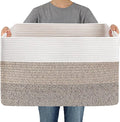 JMvicyroam 65L Large Woven Cotton Rope Blanket Basket, White&Brown | Blanket storage for living room or bedroom use, Freestanding with reinforced handles, Entire basket is machine washable