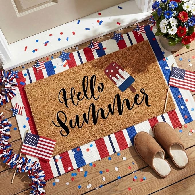 Moucuny 2 Pcs Patriotic Door Mat Hello Summer 4th of July Coir Door Mat Outdoor 250 Anniversary Red White Blue Stripe Welcome Rug Non-Slip Independence Day Doormat Outside Porch Front Decor