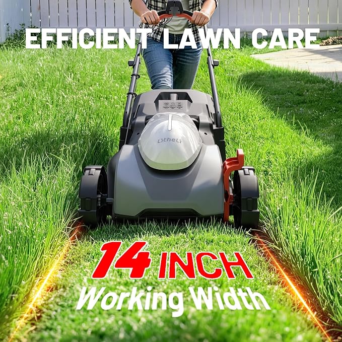 Litheli Lawn Mower Cordless 14 in, Grass Cutter Machine for 2800 Sq. Ft, Lawnmower with Brushless Motor, Cutting Height from 1 in to 2.5 in, Includes 1 * 5.0 Ah Battery and Charger