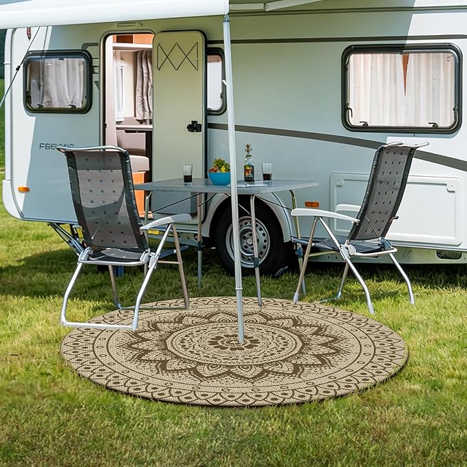 Faux Jute Outdoor Round Rug, 5ft Washable Indoor Outdoor Patio Rug, Brown Non Slip Round Area Rug Farmhouse, Boho Carpet for Backyard Patio