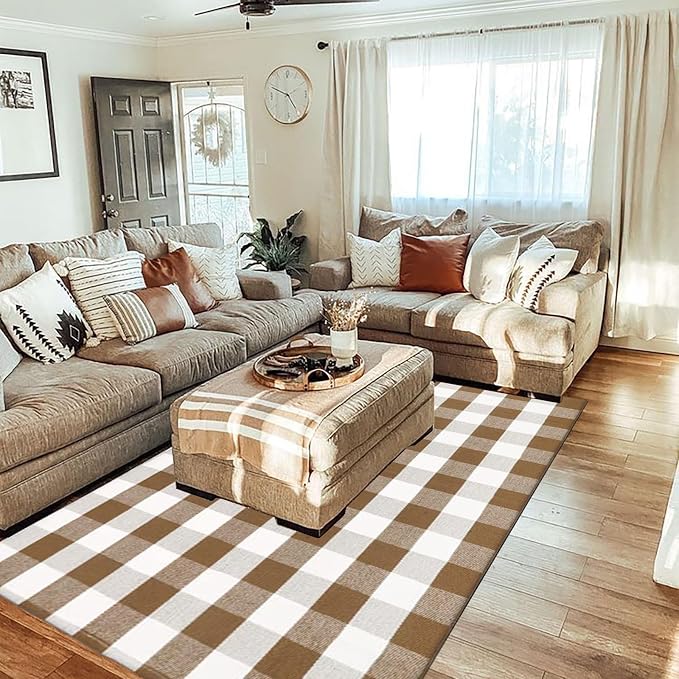Buffalo Plaid Outdoor Rugs, 4' x 6' Brown and White Checkered Indoor/Outdoor Area Rug, Layering Rug for Hello/Welcome Door Mat, Washable Cotton Woven Farmhouse Mat for Fall Front Porch Décor