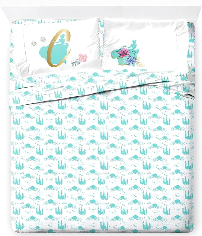 Jay Franco Kids Sheet Set with Fitted, Flat Sheets & Pillow Cover - Ultra-Soft Bedding with Pillowcase for Room Decor, Blue - Princess Cinderella, 4 Piece Full