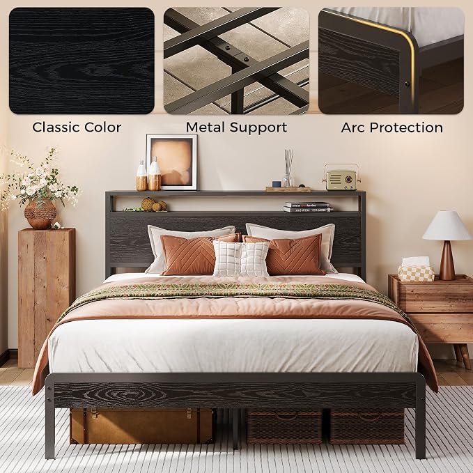 LIKIMIO Full Size Bed Frame with 2-Tier Storage Shelf Headboard | Dark Wood Platform Bed, Camas Full with Strong Metal Supports, Sturdy, Noise-Free, No Box Spring Needed, Black