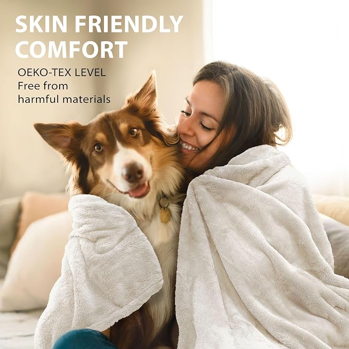 DEZ FURNISHINGS Ultra Soft Plush Fleece Throw Blanket, Double Sided Cozy Thick Warm Blanket for Sofa & Bed, Throw XL (60" x 70"), Ivory