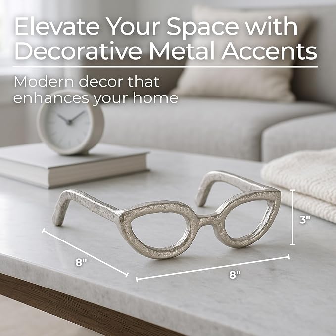 Cateye Glasses Decorative Object – Aluminum Sculpture Modern Home Decor Ornament – Shelf Styling & Coffee Table Decor for Bathroom, Office & Living Room – 7"x3", Silver