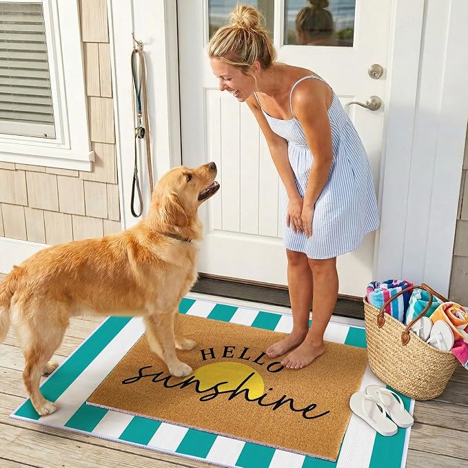2 Pcs Layered Front Porch Decor, Hello Sunshine Welcome DoorMats Summer Coastal Entryway Rug Set, Light Blue White Striped Crystal Velvet Base and PVC Coil Door Mat, 15.7x23.6 & 23.6x31.5