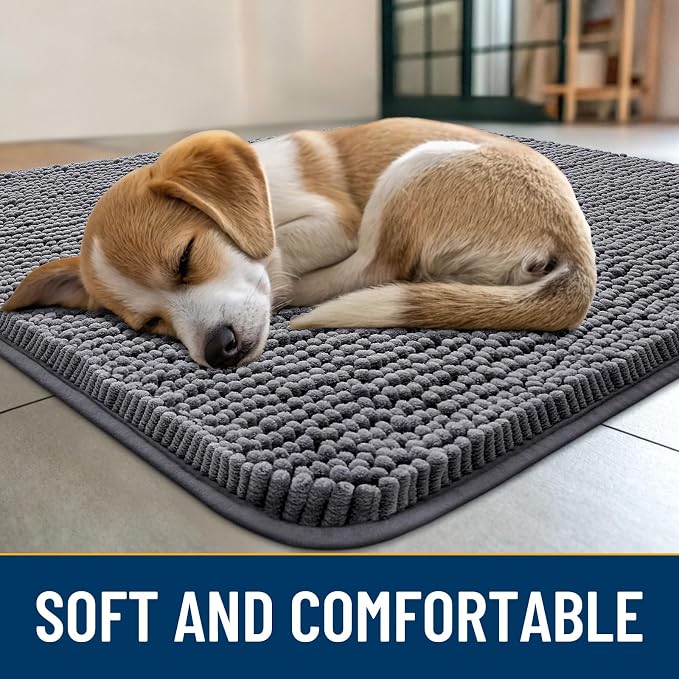Smiry Dog Door Mat for Muddy Paws 36x24, Absorbent Dirt Trapper, Non-Slip Washable Chenille Entryway Rug for Inside Floor, Dark Grey, Classic Solid