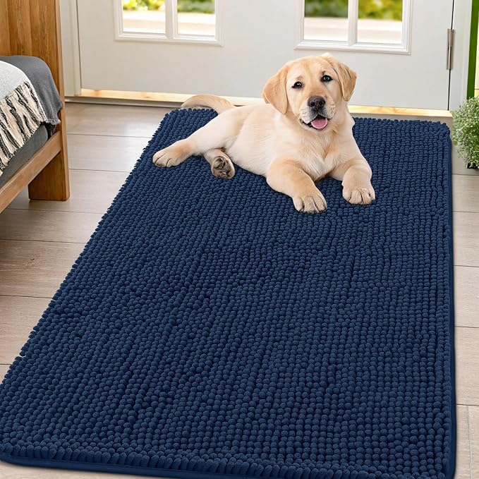 Smiry Dog Door Mat for Muddy Paws 44x32, Absorbent Dirt Trapper, Non-Slip Washable Chenille Entryway Rug for Inside Floor, Dark Blue, Classic Solid