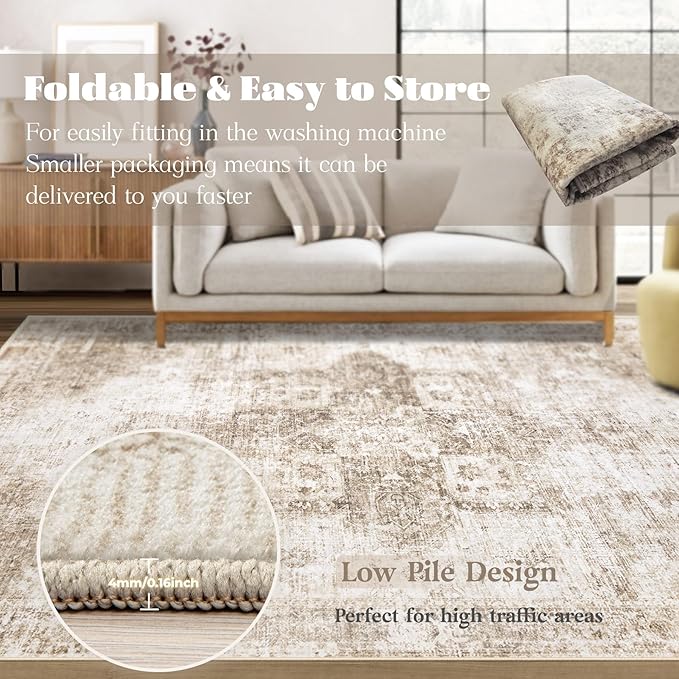Area Rug 5x7 Washable Rug, Vintage Boho Medallion Rugs Non-Slip Soft Low Pile Large Distressed Rug Indoor Retro Carpet for Living Room Bedroom Dining Room Home Office (Brown, 5'x7')