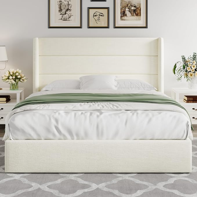 Allewie Queen Size Chenille Lift Up Hydraulic Storage Bed Frame Cream White | Chenille Fabric Upholstered, Modern Wingback Headboard, Hydraulic Support Storage, No Box Spring Needed
